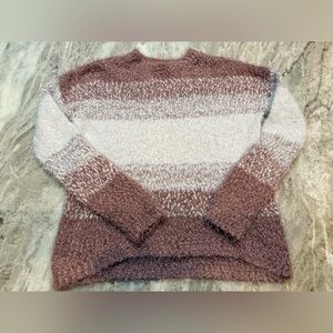 SO Cozy Fuzzy Striped Sweater | Brown Cream Bouclé Knit | Size M